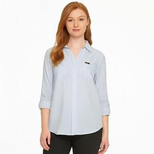 Calvin Klein Jeans Petite Striped Shirt Blue Button Front Size PL Roll Sleeve